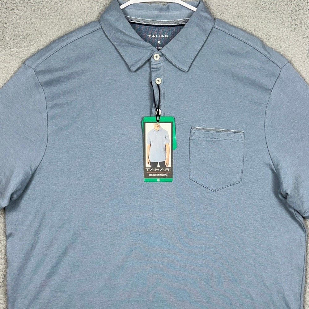 NEW Tahari Polo Shirt Mens XL Fine Cotton Interlock Blue Casual Pocket Rugby